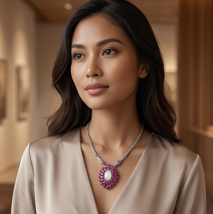 Strawberry's Field - 10.2 carat Rose Quartz 14.7 Ruby rhodium over .925 Sterling Silver .925 Sterling Silver Necklace - Woman wearing Strawberry's Field necklace, front view.