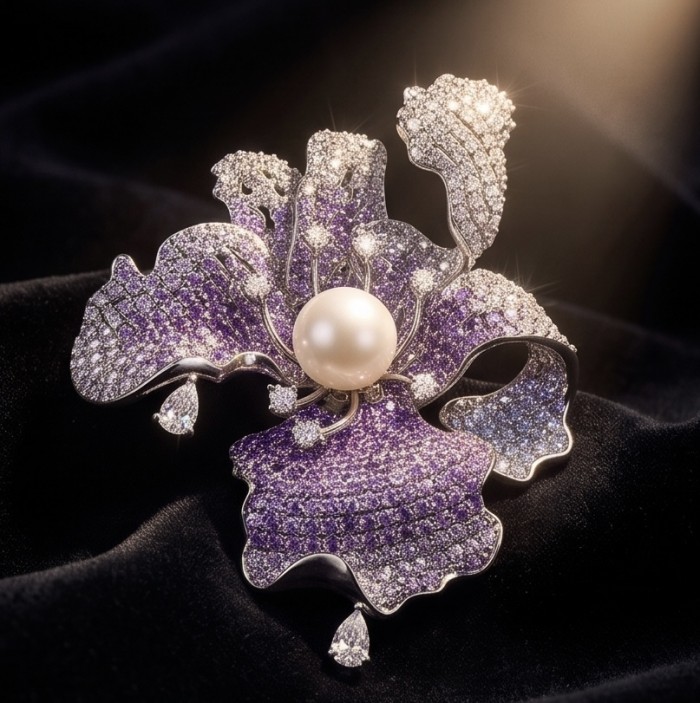 Black Label Collection - Retro Style - Rose Genuine Pearl 7.5 carat pave Amethyst .925 Sterling Silver dipped in rhodium handmade Pendant - Brooch - Top view of ornate floral brooch with pearl and purple gemstones.