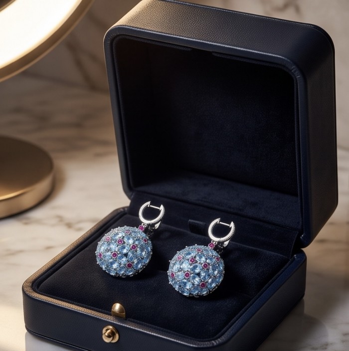 Atlantica - 34.7 carat Swiss Blue Topaz 0.4 carat Garnet .925 Sterling Silver dipped in Rhodium Handcrafted Statement earrings - Earrings in open box, top view, Swiss Blue Topaz and Garnet stones