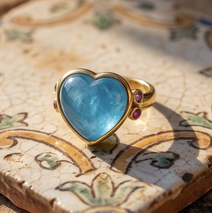 Angel's Heart 19.8 carat Aquamarine 18K Gold over .925 Sterling Silver handmade Ring size 9 - Heart-shaped aquamarine ring, 18K gold, top view on decorative tile.