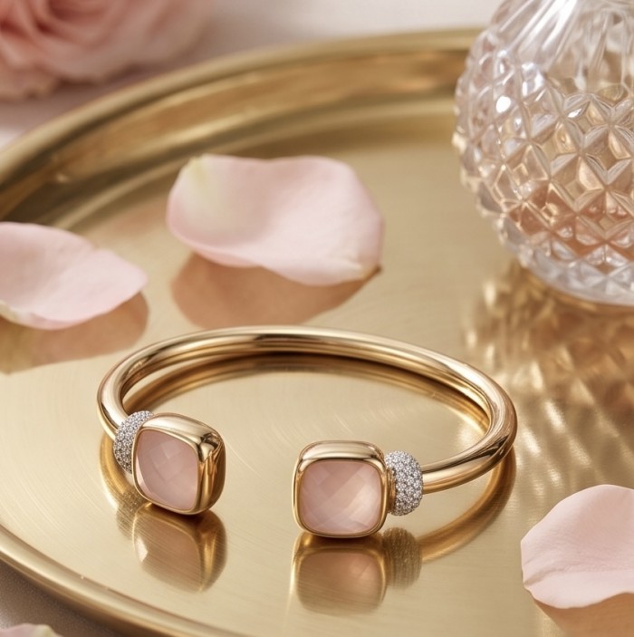 Precious Light Natural 8.2 carat Rose Quartz 0.6 carat Moissanite 14K Gold over .925 Sterling Silver open-ended bracelet - Rose gold bracelet with rose quartz, top view on decorative tray