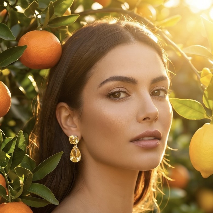 Giovanna - Authentic 12.4 carat Brazilian Citrine .925 Sterling Silver dipped in rhodium handcrafted earrings - Woman wearing Giovanna earrings with Brazilian Citrine, outdoor setting.