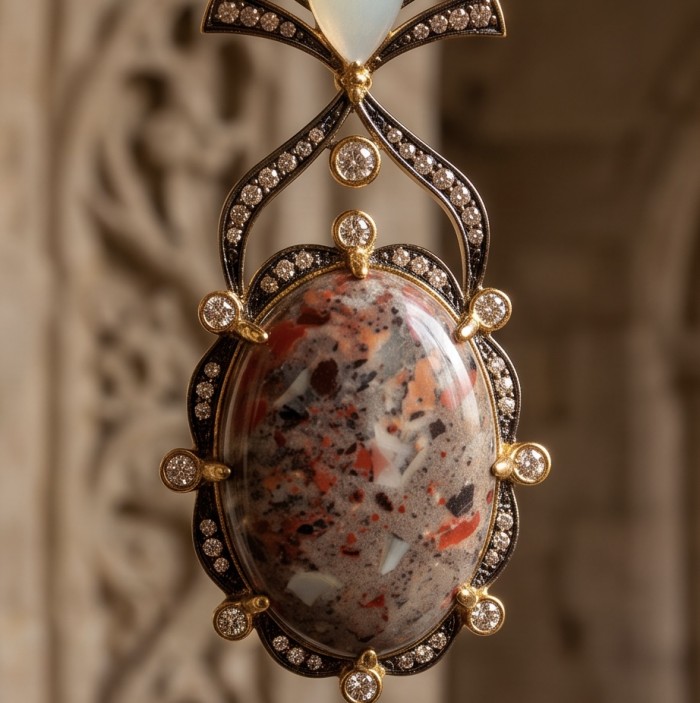 Morrisonite Jasper - "King of Jaspers" FROM OREGON .925 Sterling Silver dipped in 14K Gold handcrafted Statement Earrings - Close-up of Morrisonite Jasper pendant with intricate gold and diamond detailing