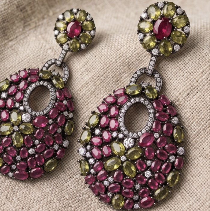 Isabella - 5.9 carat natural Pink Tourmaline 3.1 carat Green Tourmaline black rhodium over .925 Sterling Silver handmade Statement earrings - Close-up of Isabella earrings with pink tourmaline and green gemstones.