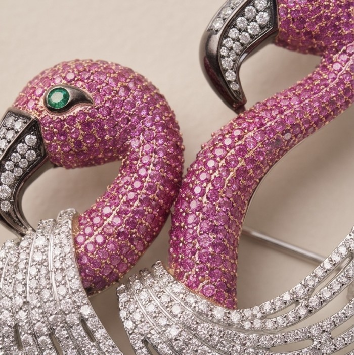 Pink Flamingo 5.7 pave Mozambique Ruby 1.8 carat Moissanite 0.4 carat Emerald .925 Sterling Silver dipped in rhodium handmade Brooch - Close-up of Pink Flamingo brooch with rubies and moissanite detailing.