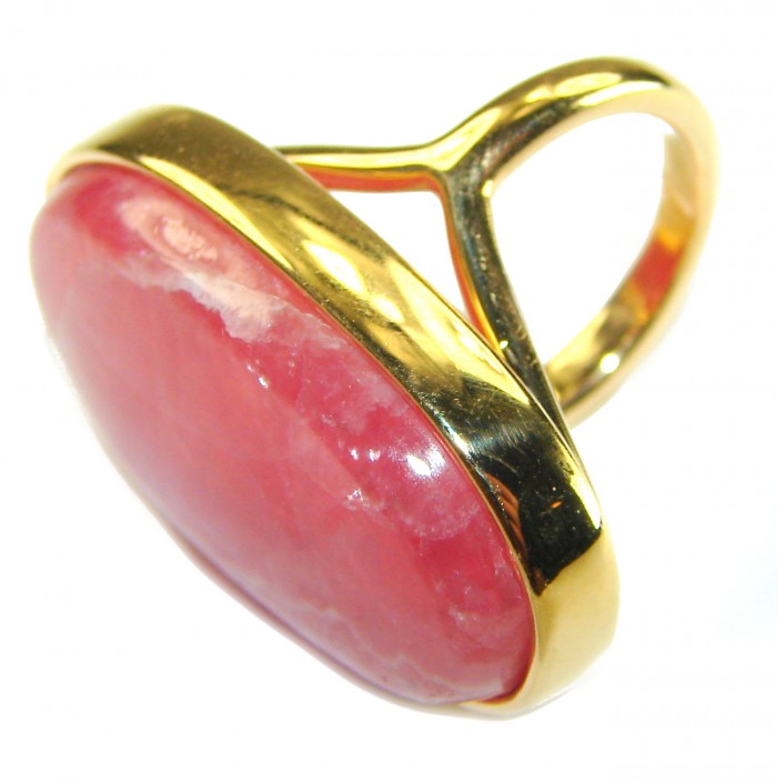 Strawberry Fields - Argentinian Rhodochrosite 18K Gold over .925 Sterling Silver handmade ring size 4 - Close-up of Strawberry Fields ring, Rhodochrosite stone, 18K gold setting.