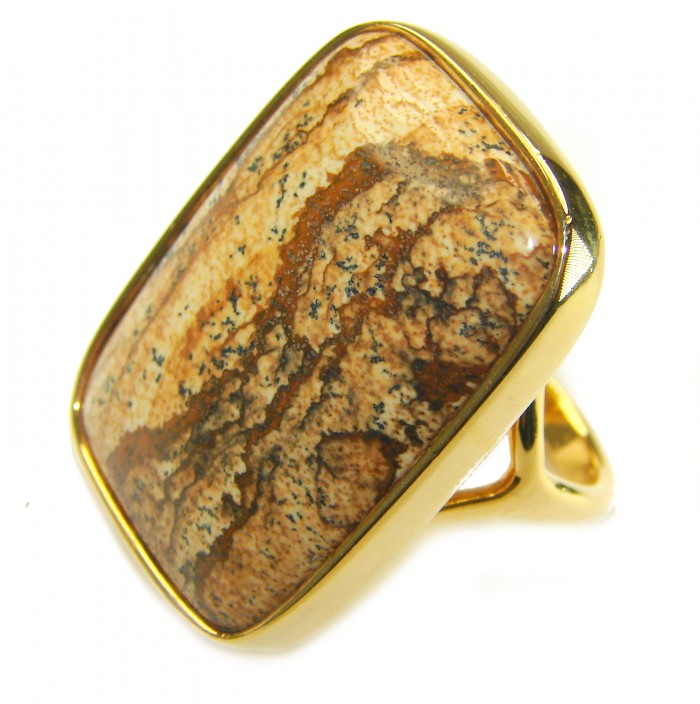 Back to Nature Huge Picture Jasper 14K Gold over .925 Sterling Silver handcrafted ring s. 8 - Close-up of Picture Jasper ring in 14K gold over sterling silver.