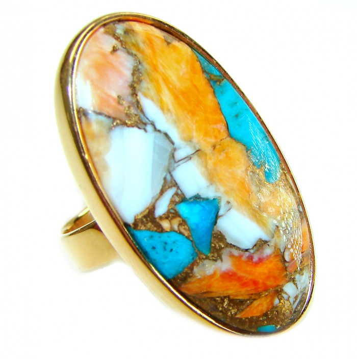 Rare 30.5 carat Oyster Turquoise 18K Gold over .925 Sterling Silver handcrafted Large ring; s. 8 adjustable - Close-up of 30.5 carat Oyster Turquoise ring in 18K Gold over Sterling
