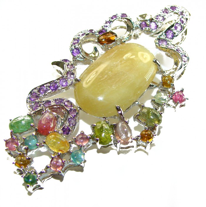Vintage Design 23.9 Natural Golden Yellow Sapphire .925 Sterling Silver handcrafted Pendant Brooch - Vintage 23.9ct yellow sapphire brooch, top view, accented with colorful gems.