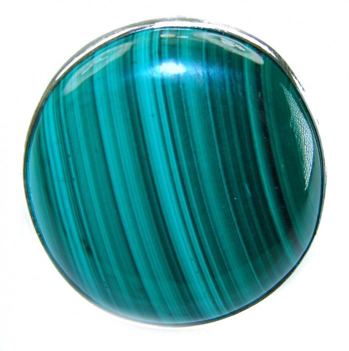 The best quality 39.2 CARAT genuine Malachite from Ural Mountains .925 Sterling Silver handcrafted ring size 7 adjustable - Close-up of a round 39.2 carat Malachite gemstone.