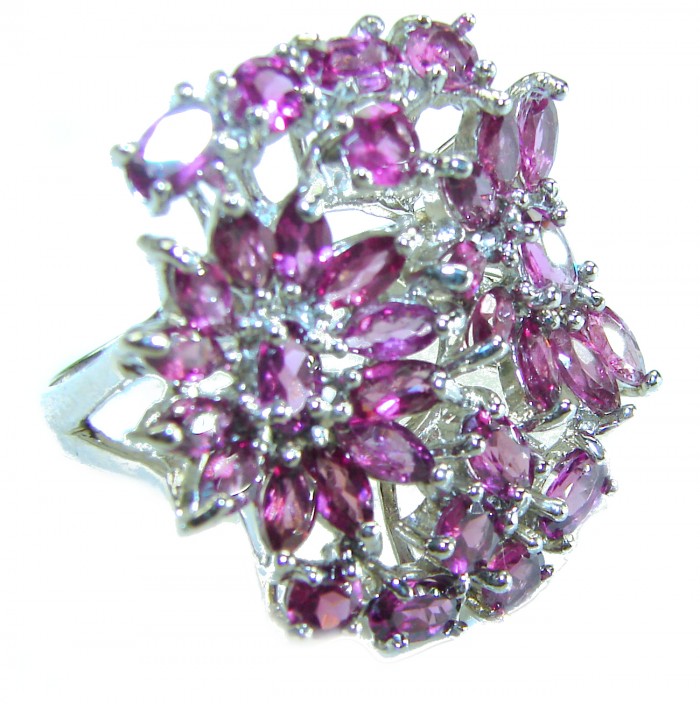 Rose Garden 10.5 carat .925 Sterling Silver handcrafted ring; s. 9 - Close-up of Rose Garden 10.5 carat sterling silver ring with pink stones.