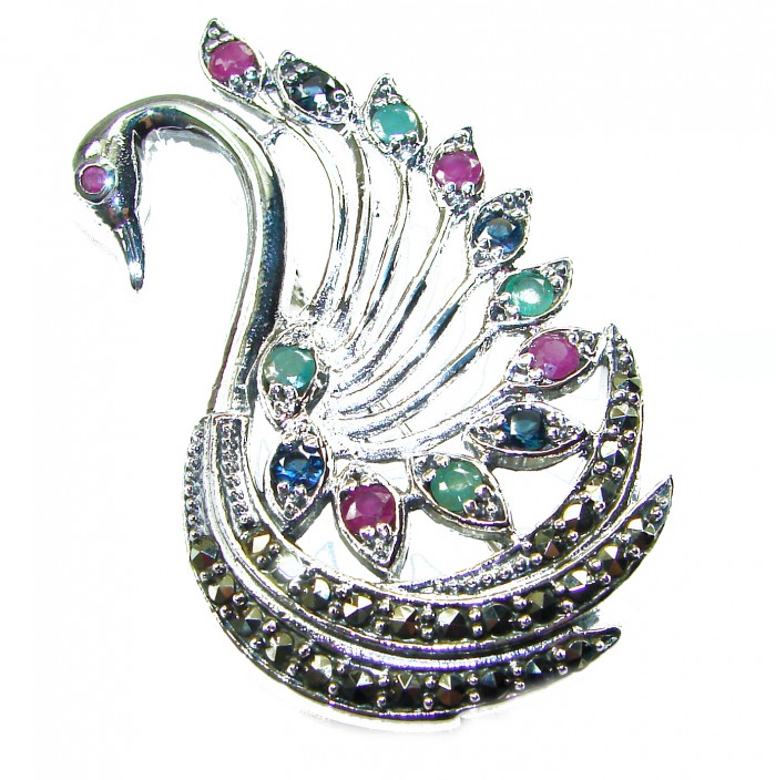 Perfect Swan Ruby 18K Gold over .925 Sterling Silver handmade Pendant Brooch - Detailed view of Perfect Swan Ruby 18K Gold over Sterling Silver brooch.