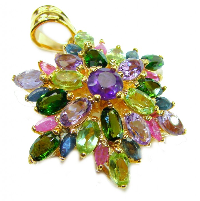 Vintage Design Genuine 15.5 carat precious Amethyst .925 Sterling Silver dipped in 18K Gold handmade Pendant - Multicolor gemstone pendant, top view, showcasing amethyst centerpiece.