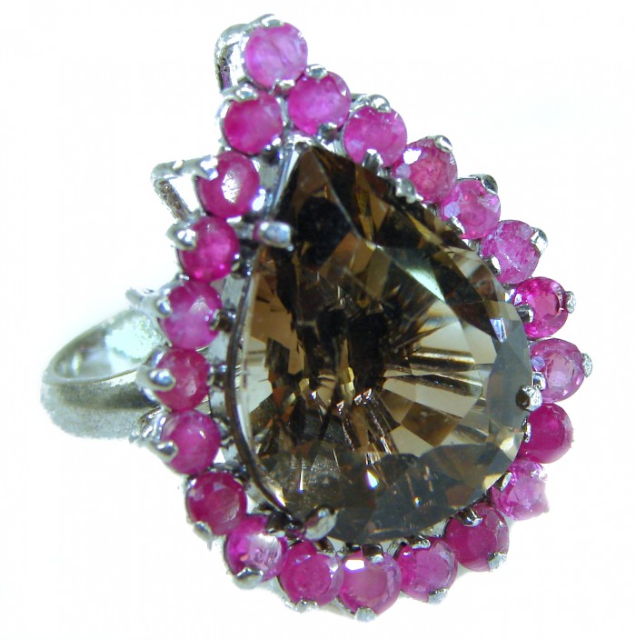 Serenity 18.5 carat Champagne Smoky Topaz Ruby .925 Sterling Silver HUGE Ring size 7 1/4 - Close-up of Serenity ring with topaz and ruby stones.