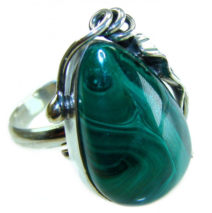 22.2 CARAT genuine Malachite from Utah .925 Sterling Silver handcrafted ring size 7 adjustable - Malachite stone close-up, 22.2 carats, in .925 Sterling Silver setting