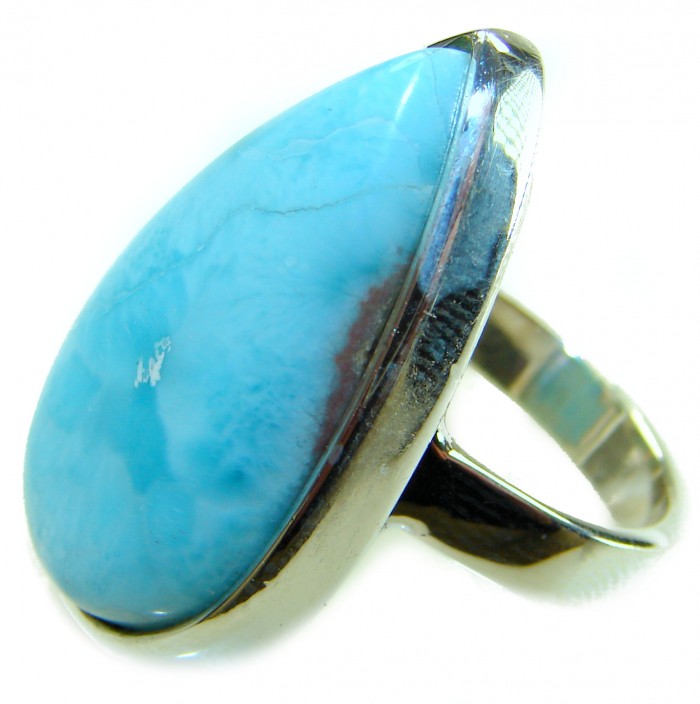 Blue Perfection AAAA QUALITY Blue Larimar .925 Sterling Silver handmade Large ring size 8 adjustable - Blue Larimar ring in Sterling Silver, side angle close-up.
