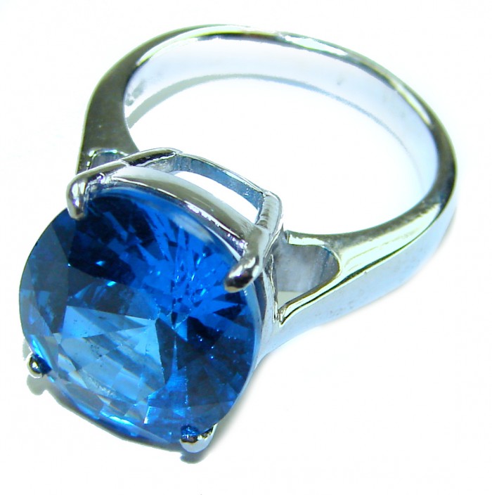 Pacifica 12.5 carat authentic Swiss Blue Topaz .925 Sterling Silver handmade Statement Ring size 5 3/4 - Close-up of Pacifica 12.5 carat Swiss Blue Topaz ring in sterling silver