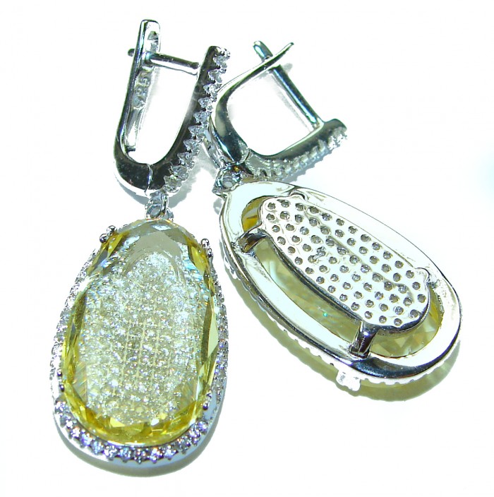 Costa del Sol 15.8 carat Lemon Quartz .925 Sterling Silver handcrafted Statement Earrings - Close-up of Costa del Sol Lemon Quartz earrings in sterling silver.