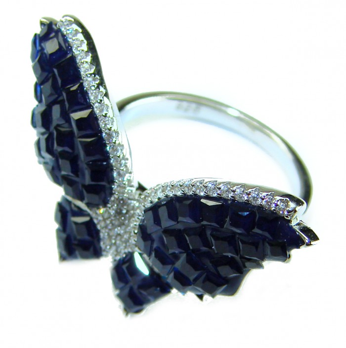 Blue Butterfly Authentic 16.2 carat Sapphire .925 Sterling Silver handcrafted Ring size 6 1/4 - Blue butterfly sapphire ring, side view, sterling silver setting