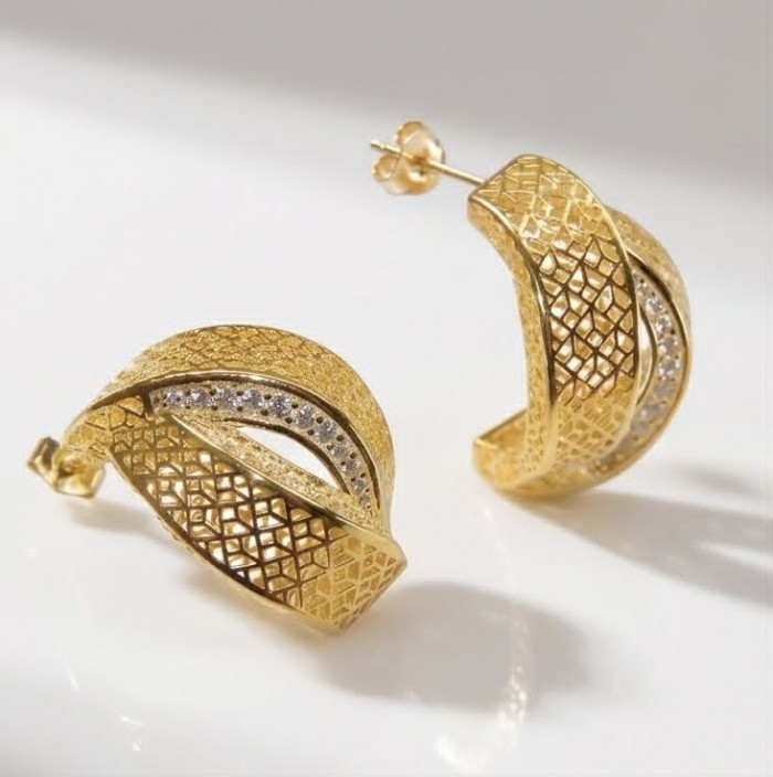 Dubai Style - Golden Flowers .925 Sterling Silver dipped in 22K Gold handmade Large Earrings - Golden hoop earrings with textured design, side view with light reflection.