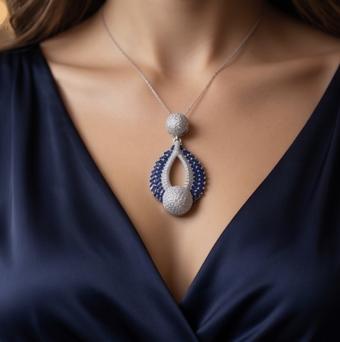 Heirloom Genuine 8.5 carat Sapphire .925 Sterling Silver dipped in rhodium handmade Pendant - Sapphire and silver necklace worn on neck, front view.