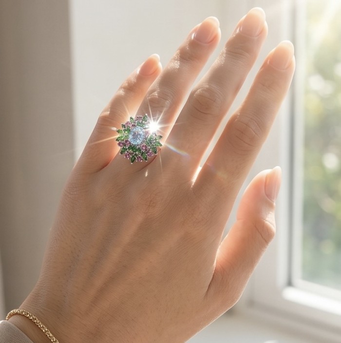 Exquisite 19.7 carat Swiss Blue Topaz rhodium over .925 Sterling Silver Handcrafted Statement Ring size 9 - Swiss Blue Topaz ring worn on hand, sparkling in sunlight.
