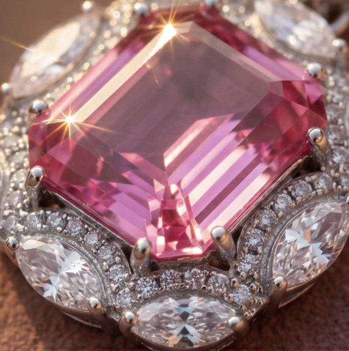 Vintage style boquette cut 12.8 carat Pink Sapphire .925 Sterling Silver DIPPED IN RHODIUM handmade Pendant - Close-up of vintage-style pink sapphire ring with diamond accents.