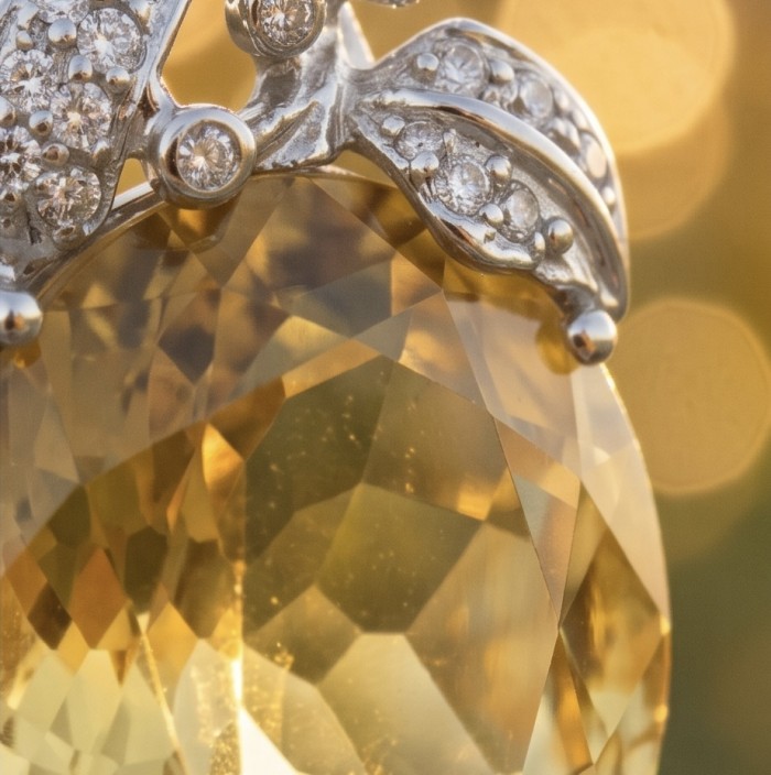 Golden Apple 24.5 carat Brazilian Citrine .925 Sterling Silver dipped in black Rhodium handmade Pendant - Close-up of 24.5 carat Brazilian Citrine in silver setting.
