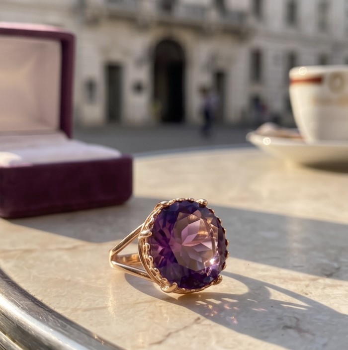 Peace 10.5 carat natural Amethyst 18K Gold over .925 Sterling Silver Handcrafted Ring size 9 1/4 - Side view of Peace 10.5 carat Amethyst ring with gold setting.