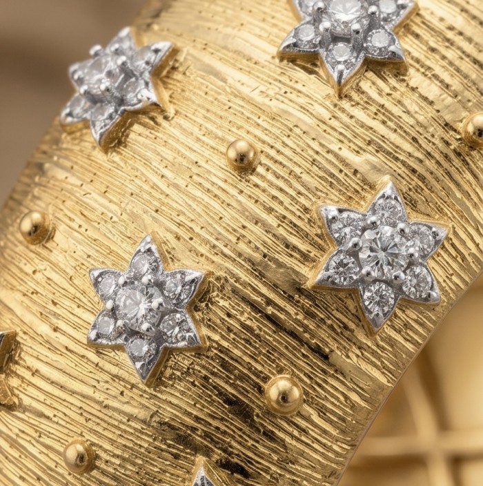 Byzantine design Authentic White Topaz 18K Gold over .925 Sterling Silver handcrafted Bracelet / Cuff - Close-up of Byzantine design gold jewelry with star-shaped white topaz.