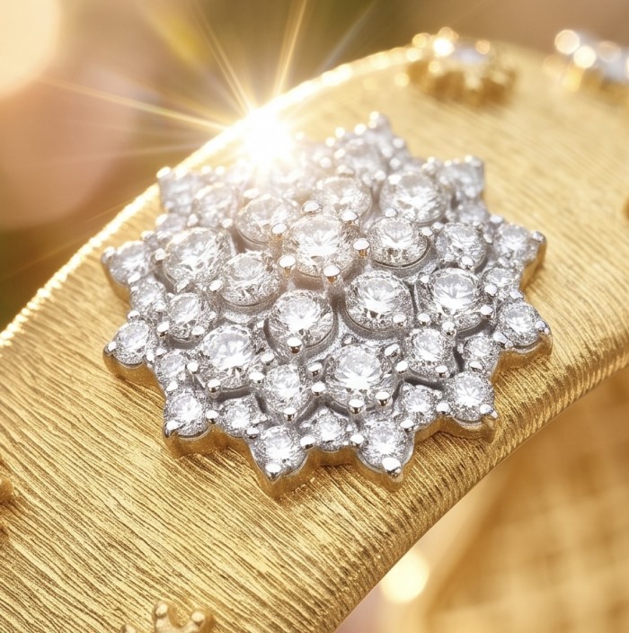 Spectacular authentic 10.8 carat White Topaz 14K Gold over .925 Sterling Silver handmade cuff Bracelet - Close-up of white topaz cluster on 14K gold jewelry with sunburst effect.