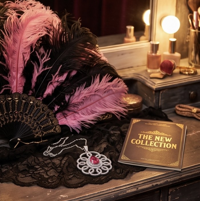 Giovanna - Magnificent Jewel 6.8 carat Ruby .925 Sterling Silver handcrafted incredible Statement Necklace - Necklace detail with ruby on vanity with pink feathers and brochure