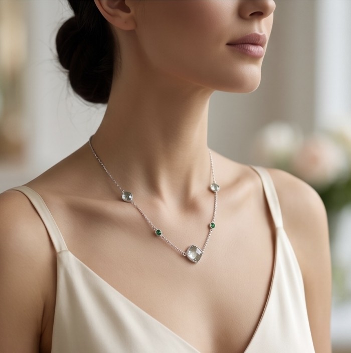 Infinity 18.5 carat Authentic Multigems Rhodium over .925 Sterling Silver handcrafted Statement necklace - Model wearing Infinity 18.5 ct multigems necklace, side view.