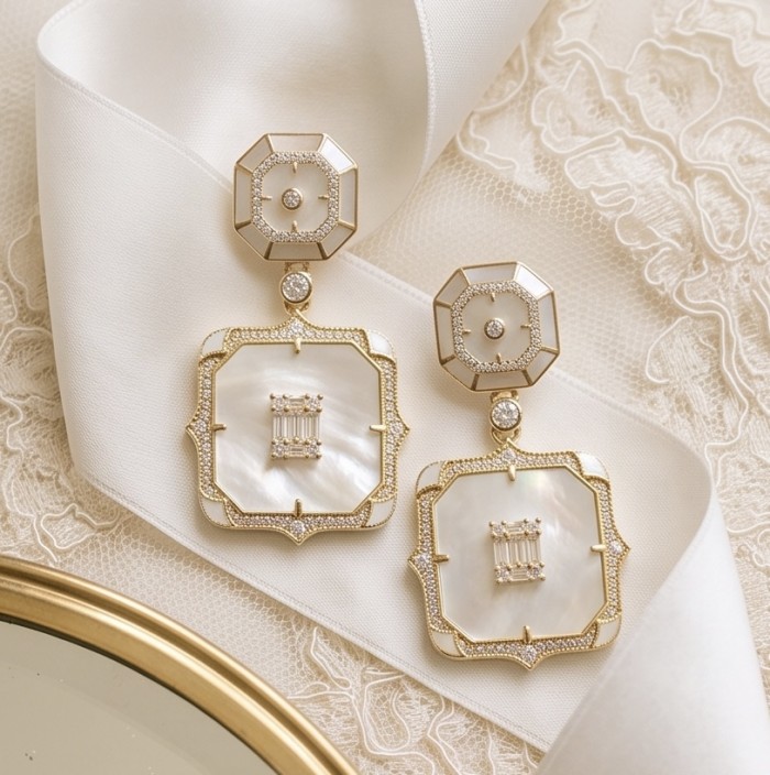 Luxurious Genuine Blister Pearl 0.4 CARAT lab grown Diamond 18K Gold over .925 Sterling Silver handcrafted Statement Earrings - Earrings with diamonds and blister pearls on lace and fabric background