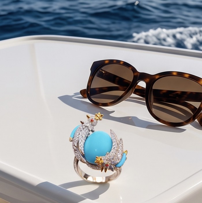Birds on a Rock 0.7 carat Lab Grown Diamond genuine Sleeping Beauty Turquoise Ring in .925 Sterling Silver partially plated with 22K Gold size 7 - Ring with diamonds and turquoise next to sunglasses on a boat.