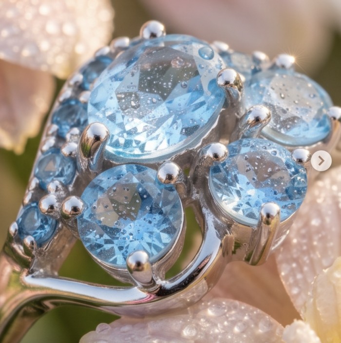 Pacifica 3.8 carat Swiss Blue Topaz .925 Sterling Silver handcrafted ring size 9 - Close-up of Pacifica Swiss Blue Topaz ring with water droplets.