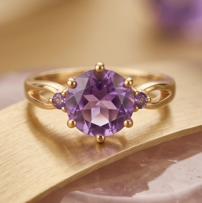 3.8 carat Amethyst 18K Gold over .925 Sterling Silver Handcrafted Ring size 8 - Close-up of 3.8 carat amethyst ring in 18K gold over sterling silver