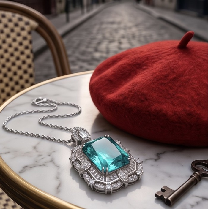 Rio Grande do Norte - Brazilian's Briliance - baquette cut 28.5 carat Paraiba Tourmaline .925 Sterling Silver handcrafted necklace - Jewelry on table with red beret and key, side view.