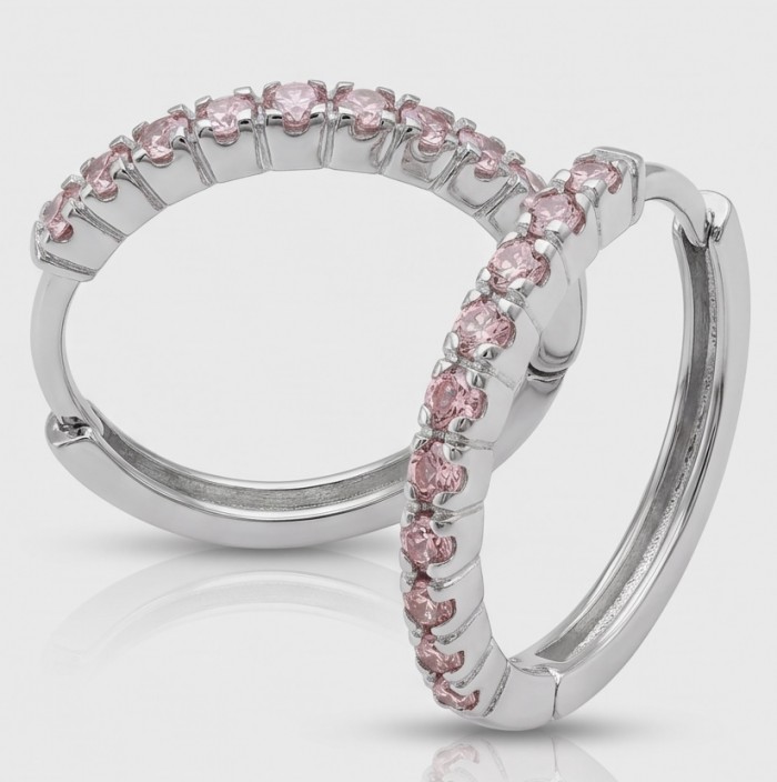 Renaissance design 0.5 carat Morganite .925 Sterling Silver handcrafted earrings - Sterling silver hoops with pink stones, side view.