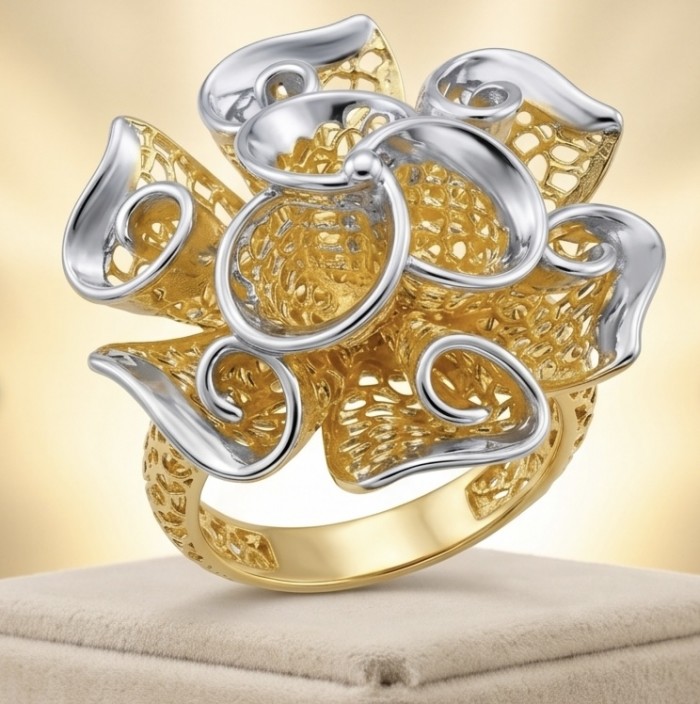 GOLDEN ROSE- Dubai Style - .925 Sterling Silver dipped in 22K Gold handmade Large ring size 8 - Detailed view of GOLDEN ROSE ring in silver and gold finish.