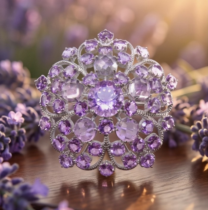 Mademoiselle - Vintage Design 45.4 CARAT Brazilian Pink Amethyst rhodium over .925 Sterling Silver handcrafted Pendant & Brooch - Front view of vintage-style amethyst brooch with floral design.
