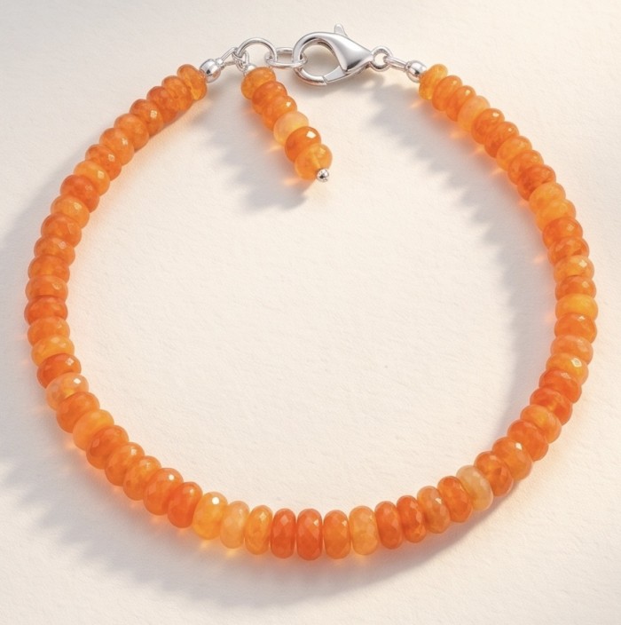 Sublime Brilliance Authentic Orange Fire Opal .925 Sterling Silver handcrafted bracelet - Orange fire opal bracelet, top view with clasp detail