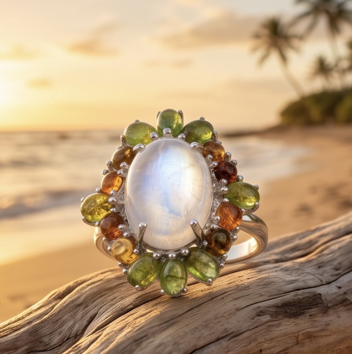 Angelina - Top quality 22.2 carat Brazilian Rose Quartz .925 Sterling Silver dipped in rhodium Handcrafted Ring size 6 - Close-up of a ring with Brazilian rose quartz on a beach backdrop