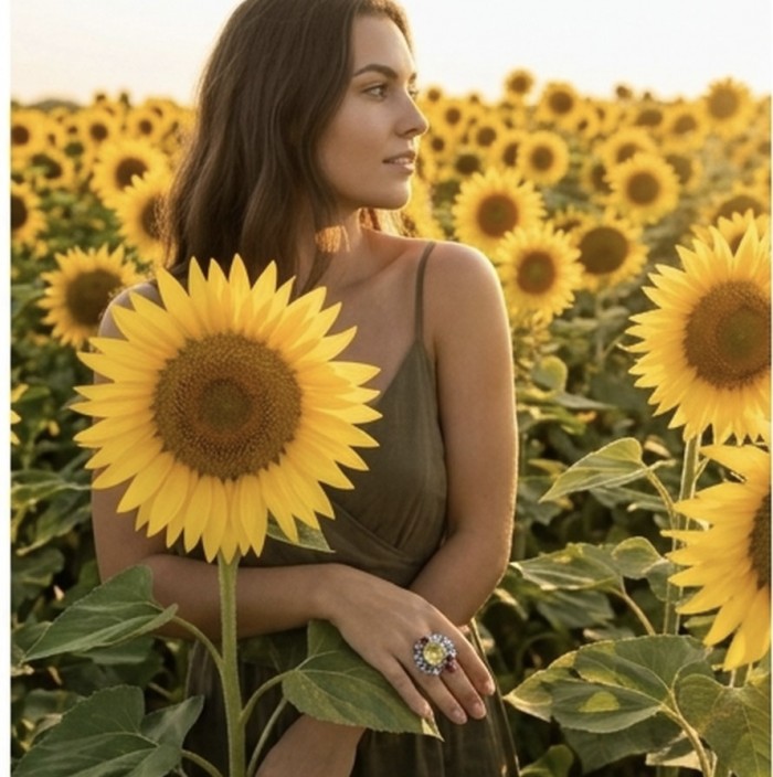Isabel 18.8 carat Genuine Lemon Quartz Chroem rhodium over .925 Sterling Silver handcrafted ring size 8 - Woman in sunflower field wearing Lemon Quartz ring on hand