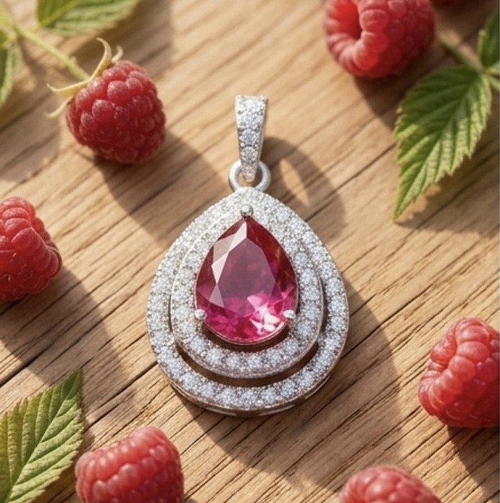 3.2 carat authentic Mozambique Ruby rhodium over .925 Sterling Silver handmade Pendant - Close-up of a 3.2 carat Mozambique Ruby pendant with raspberries.
