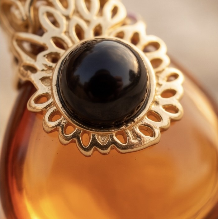 Prehistoric Authentic Golden Baltic Amber 18K Gold over .925 Sterling Silver beautifully handcrafted Pendant - Stone close-up of golden Baltic amber with decorative gold setting.