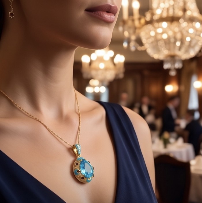 Atlantica - amazing quality PEAR cut 34.5 CARAT genuine Swiss Blue Topaz Enamel 22K Gold over .925 Sterling Silver handmade pendant - Close-up of Atlantica necklace with 34.5 carat pear cut stone, worn.