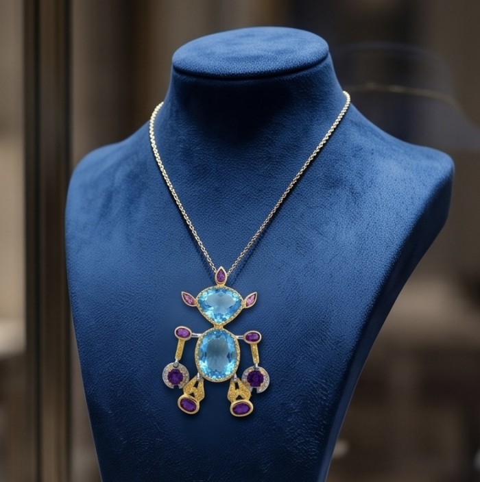 New Age Friend 40.2 carat GEMSTONES 18k Gold over .925 Sterling Silver dipped in Rhodium handmade Pendant - Pendant necklace on display with blue and purple gemstones, front view.
