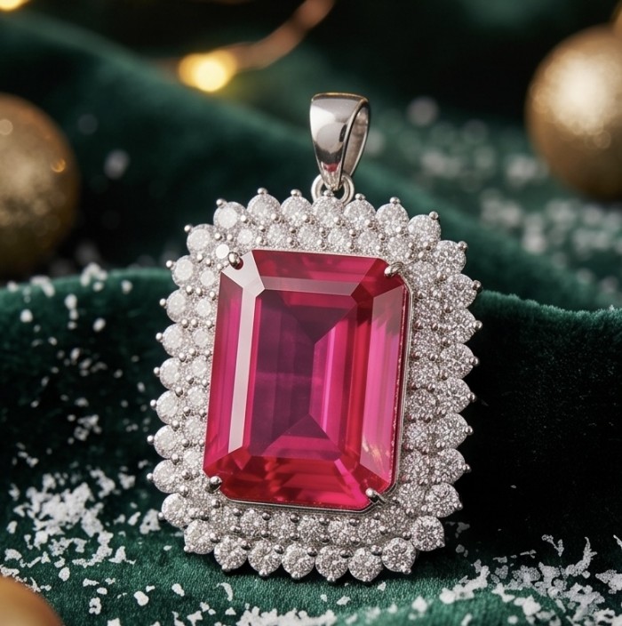 Rare finding! Deluxe 51.2 carat authentic emerald cut Kashmir Ruby rhodium over .925 Sterling Silver handmade Statement Pendant - Close-up of emerald cut pink stone pendant with diamond halo