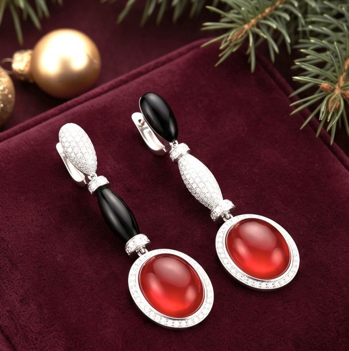 Art Deco - Extravaganza - 15.8 ctw Ruby Rhodium over .925 Sterling Silver handcrafted Statement handcrafted earrings - Elegant ruby and black onyx earrings on velvet, side view, festive decor.